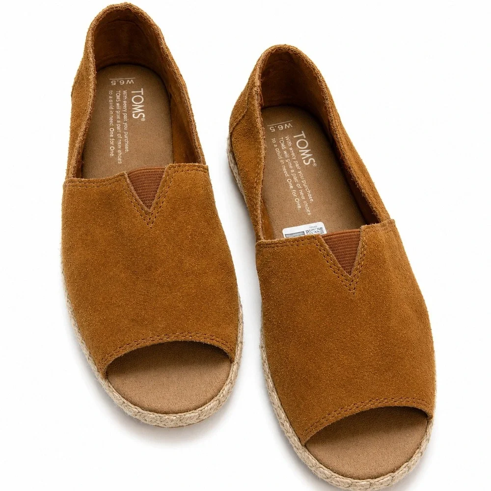 TOMS Suede Peep Toe Espadrille Flats Womens 6.5 Brown Slip On Casual Shoes